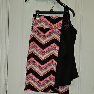 Chevron Patterned Black and Pink Skirt  and Black sleeves One Shoulder Top